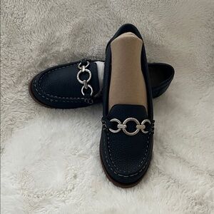 Anne Klein Navy Blue Leather Loafers with Silver Accents Size 7